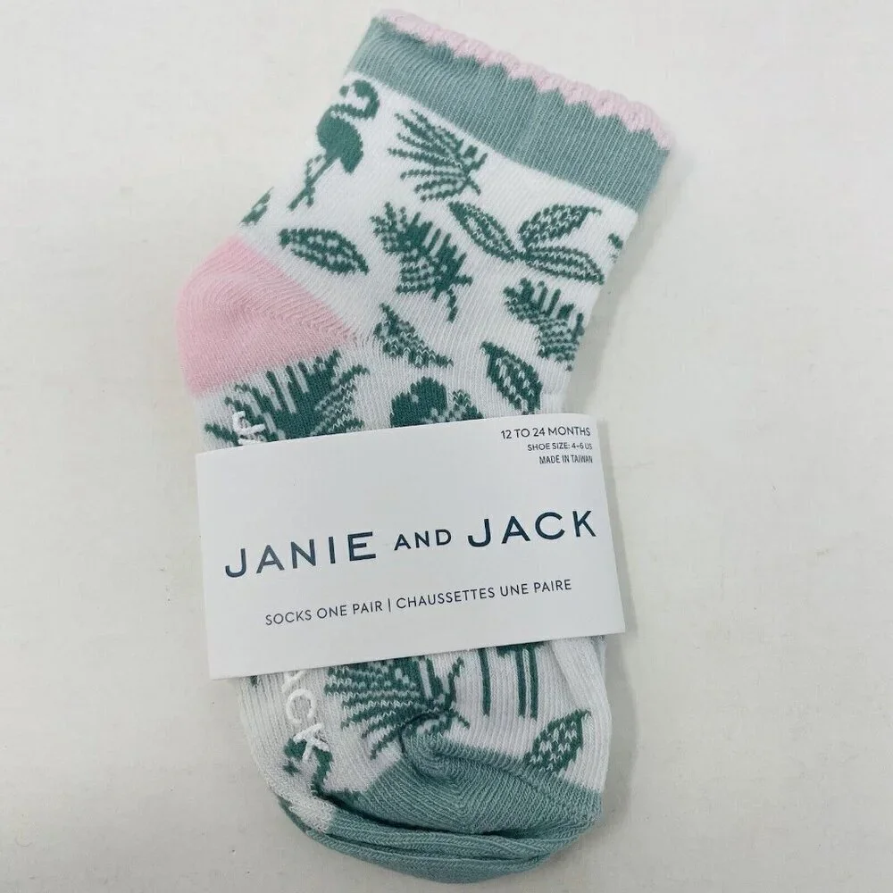 Janie and Jack Baby Girls 12-24 Months Shoe Size 4-6C Flamingo Palm Ankle Socks